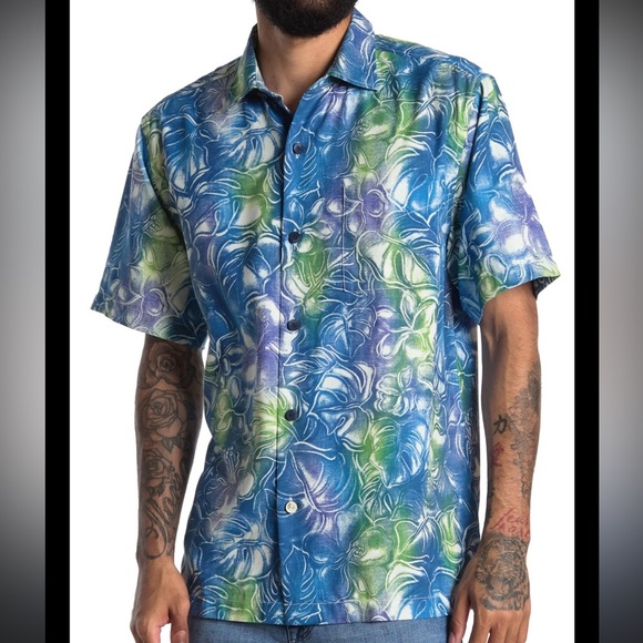 Tommy Bahama Other - Tommy Bahama Mens Short Sleeve Silk Shirt Floral Hazy Hibiscus Blue Green $150 L